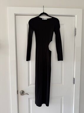 Zara Black Long Sleeve Maxi Dress with Asymmetric Side Cutout